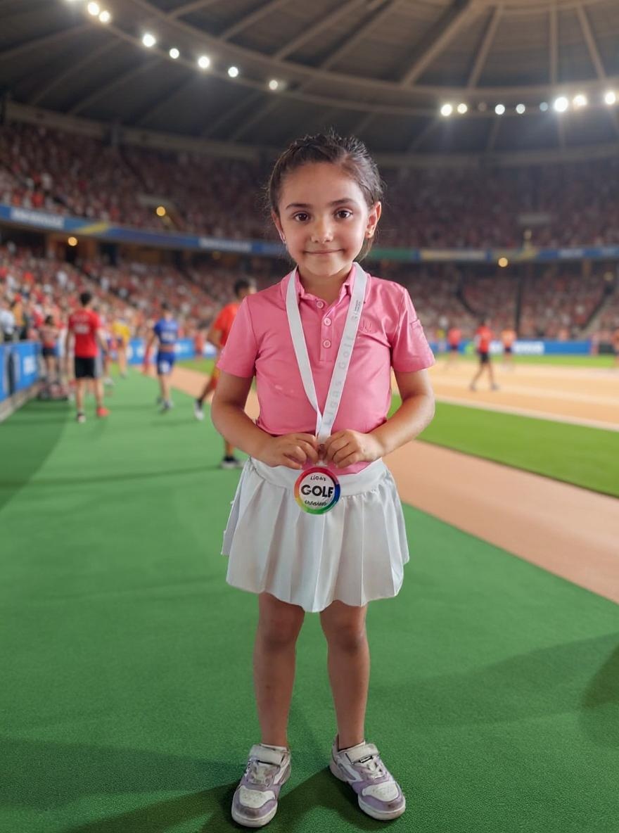 Ponla en un entorno de campeona olímpica, simulando la entrega del oro olímpico,viéndose los aros olímpicos