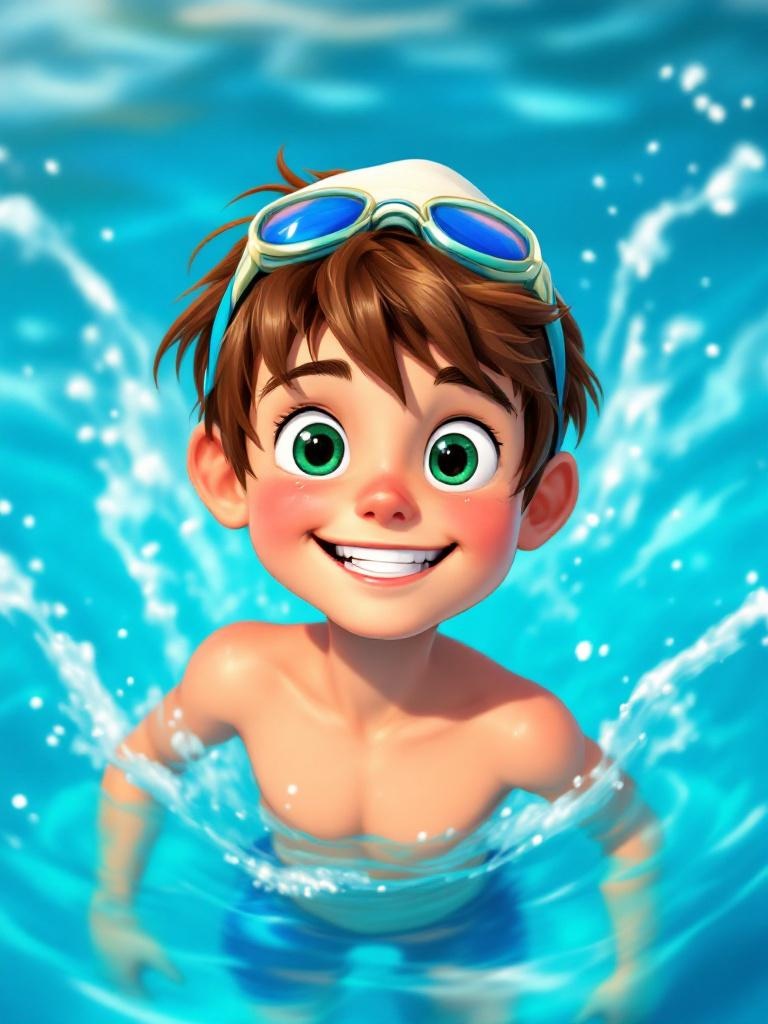A cute boy with short brown hair, green eyes, and a confident grin swimming freestyle in a bright blue pool. He wears a swim cap, goggles, and blue swim trunks. Water splashes dramatically around him. Cartoon-style with Disney animation aesthetics — clean lines, vivid colors, and a slightly exaggerated joyful look, with bright summer lighting overhead.