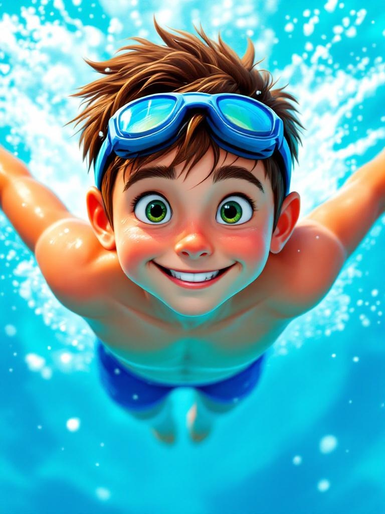 A cute boy with short brown hair, green eyes, and a confident grin swimming freestyle in a bright blue pool. He wears a swim cap, goggles, and blue swim trunks. Water splashes dramatically around him. Cartoon-style with Disney animation aesthetics — clean lines, vivid colors, and a slightly exaggerated joyful look, with bright summer lighting overhead.
