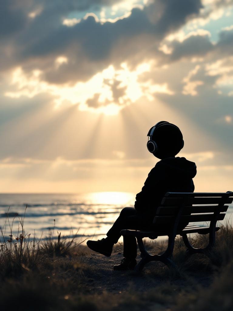 A black stick figure wearing headphones and a hoodie sits on a park bench and watches the ocean. The rays of sunshine subtly break through the clouds concealment
