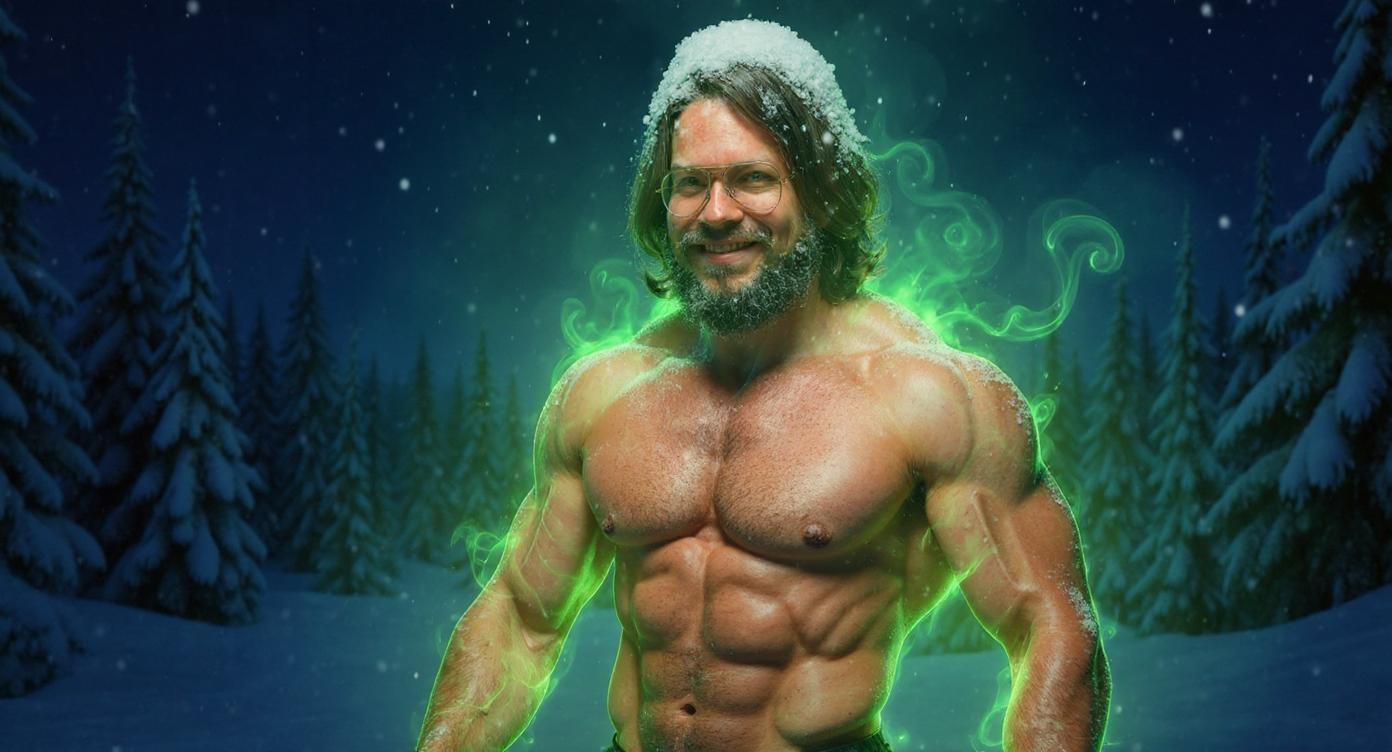 A fit, lean man positioned tightly in the right part of the frame, shown from the chest up, shirtless and confidently flexing his bicep with his arm slightly lowered for a natural, relaxed pose. He is surrounded by a vibrant green glowing aura softly emanating from his body. Wisps of warm vapor rise gently from his skin, adding a misty breath effect that contrasts with the cold environment. The background depicts a winter night forest filled with blue fir trees under a starry sky. Snow gently falls from the sky, with a thick cap of snow resting on his head like a hat and a layer of snow settled on his shoulders, enhancing the cold, serene atmosphere. The dark, snowy setting contrasts beautifully with the bright green aura around the man. The scene features sharp, high-contrast lighting that highlights his muscle tone and facial features. The composition is bold, dynamic, and designed as an eye-catching YouTube thumbnail.