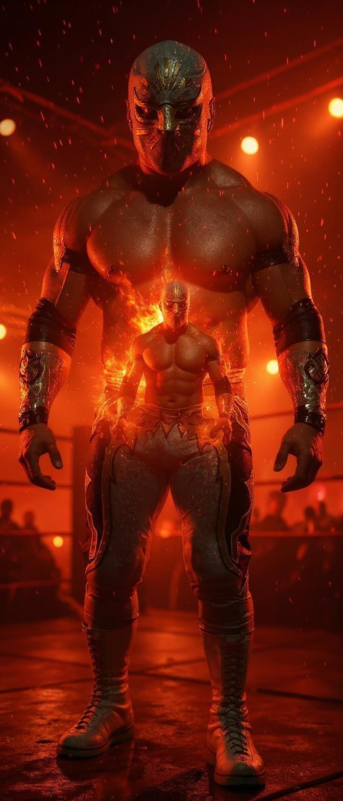 Create a powerful, ultra-realistic 8K emotionally charged double exposure artwork in a cinematic, MidJourney-inspired style.
Create a powerful, ultra-realistic 8K emotionally charged double exposure artwork in a cinematic, MidJourney-inspired style.
Feature the proud, upright silhouette of a professional wrestler strong, composed, and radiating inner fire. Inside the silhouette, show a high-intensity wrestling match during golden hour or under vivid red wrestling arena floodlights. The inner figure is mid-action-making a wrestling movement surrounded by blurred motion, and an electrified crowd. The wrestling arena glistens from light drizzle, enhancing reflections and emotional tension. Use deep reds, vibrant scarlets, sunset oranges, and glowing golds to evoke passion and energy. Background: softly lit with hazy red-orange mist and golden fog. Apply cinematic lighting, rich photorealistic textures, lens flares, light particle embers, and digital HUD overlays (player stats/match time). Blend documentary realism with emotional storytelling. Ensure both faces are identical. Style: heroic, modern, and visually rich. Detail level 1.45, background detail 1.4, with warm, dynamic contrast.