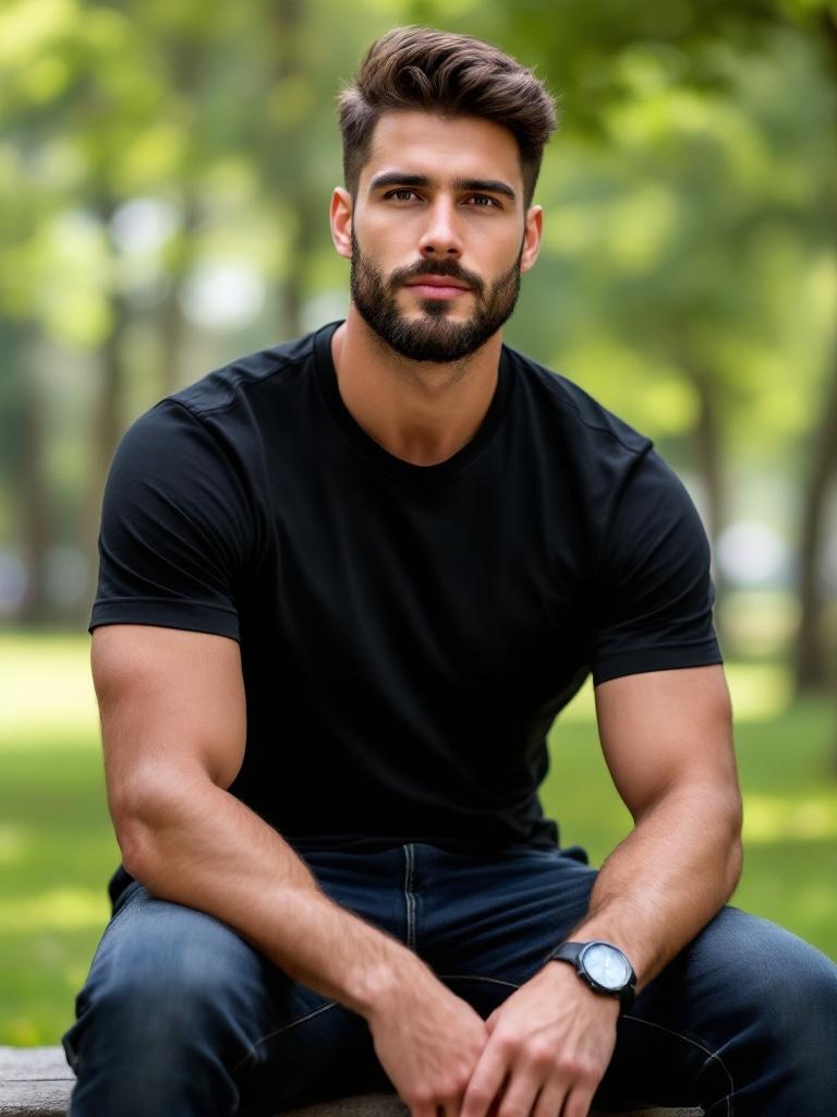 create for mockup image, a realistic handsome American guy, wearing black t-shirt, sitting casually in the park, pose showing full figure with front view