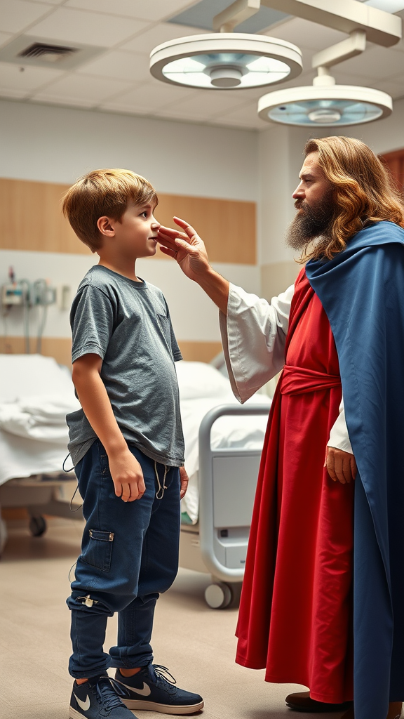A boy stands in a modern hospital room, looking at a man who looks at him with a gesture of affection. The boy wears casual clothes: a gray t-shirt, blue pants and dark sneakers, with medical wires connected to his body and a mask or device on his head, suggesting medical treatment. He looks serene as the man gently touches his face with a compassionate expression.

The man has long light brown hair, a well-groomed beard and wears a long red tunic with a blue cloak, in a style reminiscent of a religious figure, such as Jesus. He conveys a sense of calm and spirituality with his gentle posture and attentive gaze.

In the background, the hospital environment is detailed: beds with white sheets, medical support machines, modern lighting and a surgical lamp hanging from the ceiling. The light in the room is soft, highlighting the emotional interaction between the man and the boy, creating a contrast between the clinical setting and the spiritual tone of the scene.
