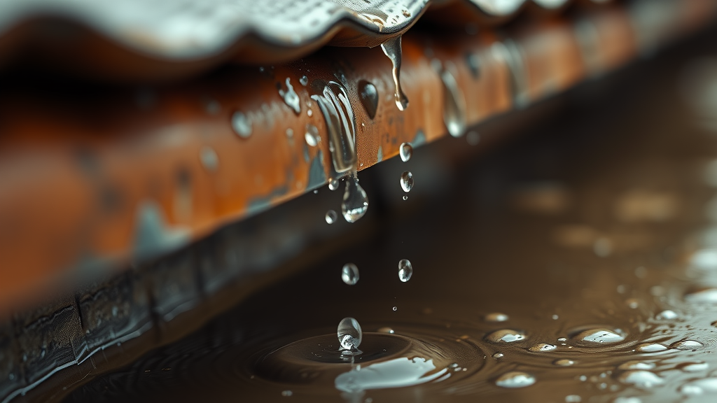 Cinematic close-up of rainwater dripping from the edge of a traditional clay tile roof. The water droplets form small streams before falling to the ground, creating small ripples and splashes on the wet, muddy surface. The camera captures