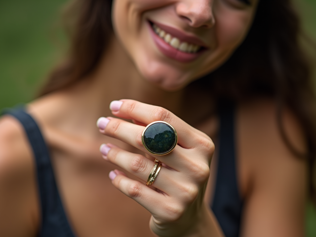 A beautiful pretty woman shows her agate ring to her friends