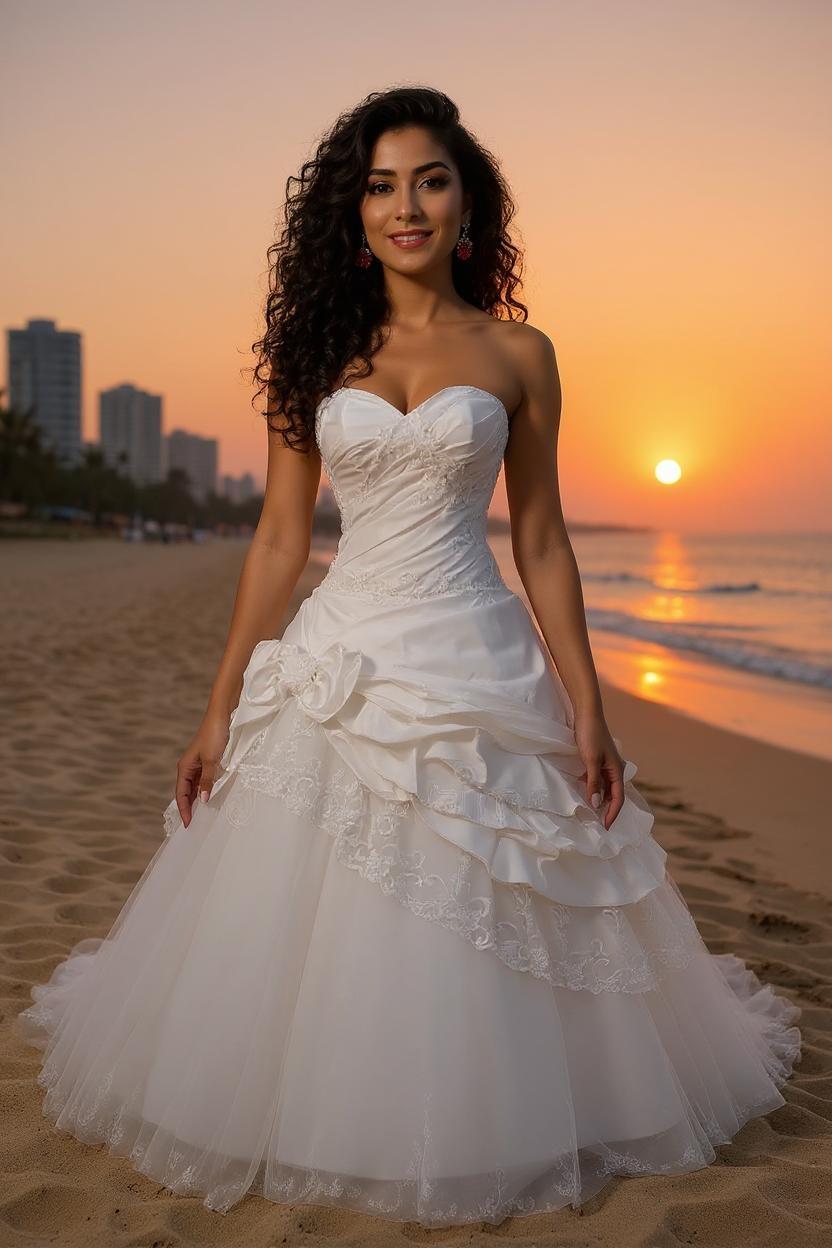 Yemen Jewish 28 years old woman with red stones earrings and long curly hair posing on the sunset Tel Aviv Beach for professional wedding photo