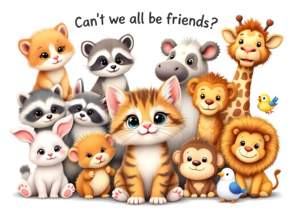 
cartoon image of various baby animals including a kitte, puppy, rabbit, raccoon, hedgehog, monkey, highland cow, giraffee, bird and lion. Kitten is front and center. Text says "Can't we all be friends?"  Image is set on a white background

