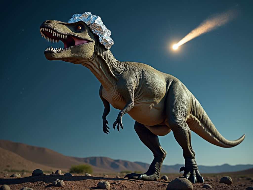 Creat an image of a tyrannosaurus Rex wearing a tinfoil hat as a comet passes overhead.
