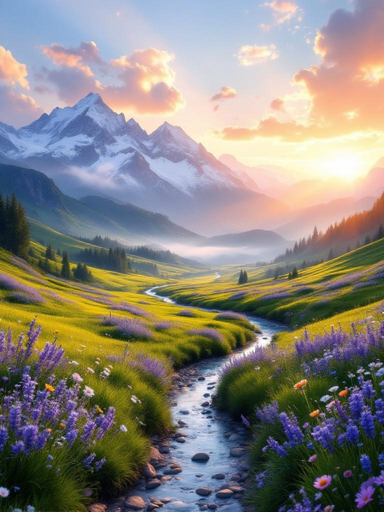 Breathtaking, ultra-realistic scene of a serene valley at golden hour. Rolling emerald meadows stretch into the distance, dotted with wildflowers in soft pastel tones — lavender, daisies, and tiny blue cornflowers swaying gently in the breeze. A crystal-clear river winds through the landscape, reflecting the amber and rose-tinted sky. Majestic snow-capped mountains rise in the distance, partially veiled by delicate morning mist. The sky is alive with a mesmerizing gradient with rays of sunlight piercing through wispy clouds. The atmosphere is magical and calm, full of awe and quiet wonder — like a dream suspended in time.  
Style: Hyper-realistic, painterly softness, cinematic lighting  
Camera: Full-frame DSLR, 50mm lens, f/4, ISO 100, wide depth of field  
Resolution: 8K, ultra-sharp details