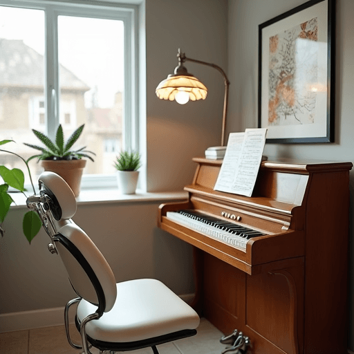Hello, please make some photos of the presence of a piano in the dentist's office for me