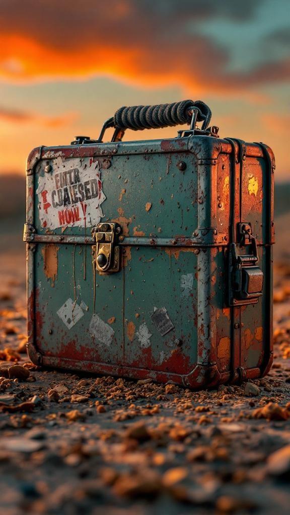 "Create a hyper-detailed, Pixar-style render of a battle-worn metal lunchbox. The lunchbox is rectangular with rounded edges, its once-bright paint now faded and chipped, exposing raw metal beneath. Deep dents and scratches cover its surface, and faint scorch marks hint at past fights. Old, torn stickers cling to its sides, some half-peeled, others covered in grime. The latch is slightly bent, and the handle is wrapped in frayed cloth like a makeshift grip. Small rivets and seams are visible, catching the light from a low, moody sunset. The lunchbox stands on a dusty ground littered with crumbs and debris, giving the sense it’s survived countless battles. Its presence feels tough, unbreakable, and ready for whatever comes next."