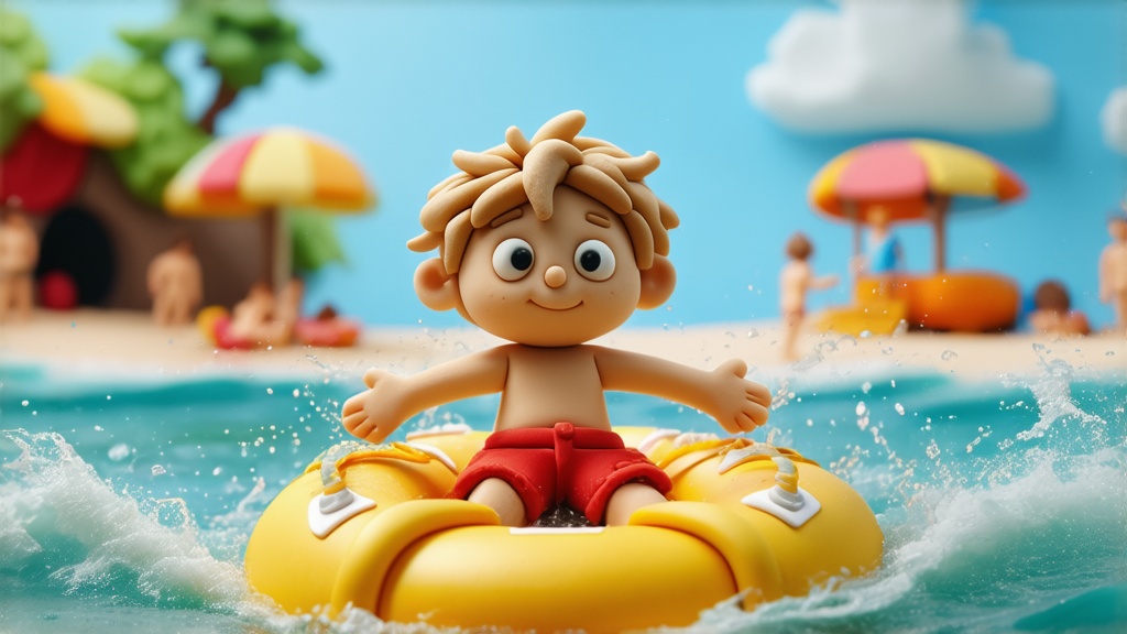 Stop-motion claymation style – A wiry, 10-year-old boy named Alex Kintner floating on a bright yellow raft. His sandy brown-blond shaggy hair falls in choppy layers across his forehead, rendered with visible clay strands for a rough, piecey texture. Alex has simple white cartoon eyes with black pupils, a warm golden-brown complexion with subtle matte clay texture, and retro red swimming trunks featuring a worn white stripe. The camera is positioned at water level, capturing his carefree energy as he kicks the water playfully, creating small splashes of clay-textured droplets. Bright sunlight filters down, casting soft reflections on the rippling water. The background includes a slightly warped clay version of Amity Island’s beach with colorful umbrellas, a lifeguard stand, and beachgoers in vibrant clay-like forms."
--s 50 --v 6.1 --style raw --ar 16:9