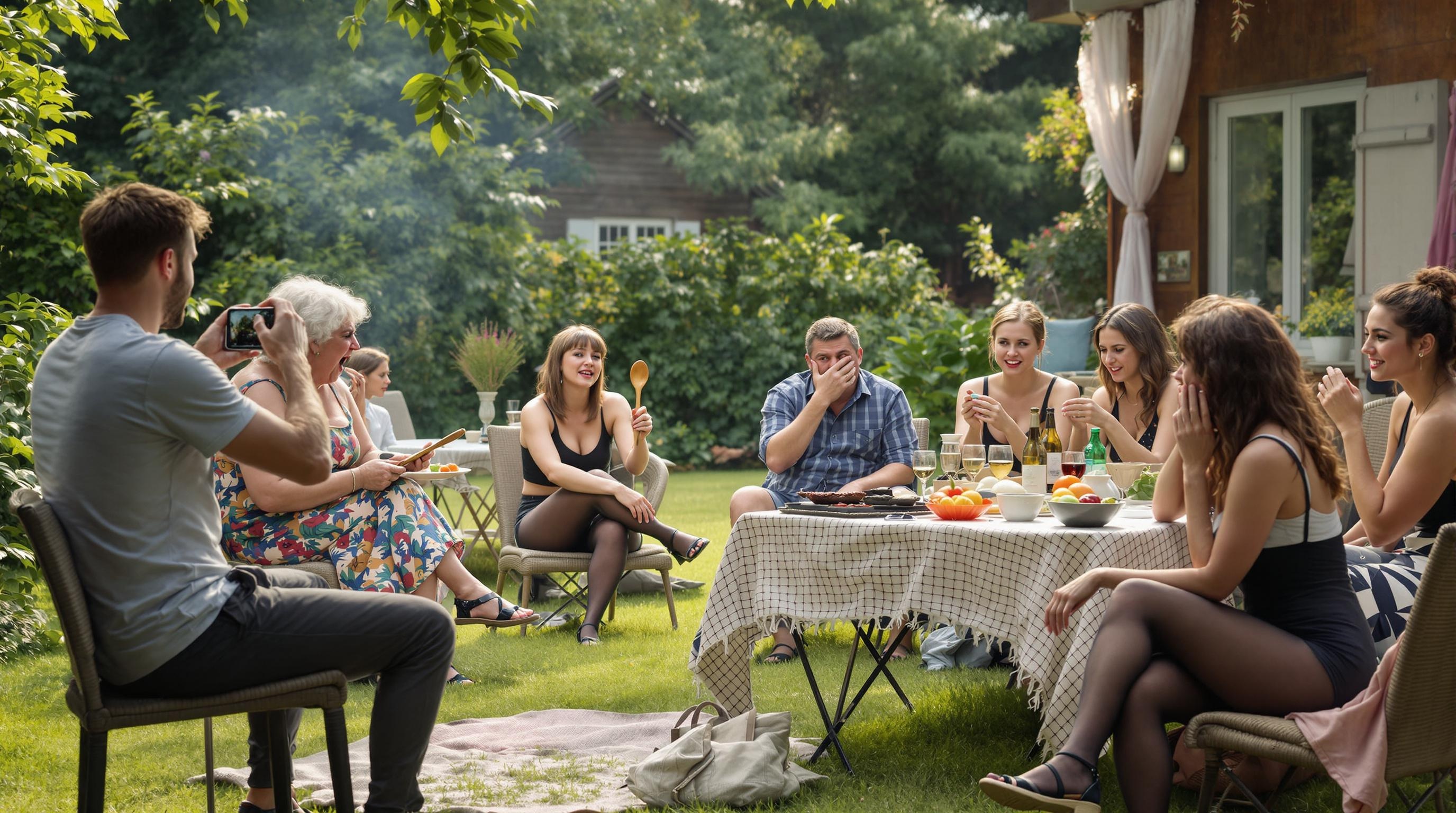 at a barbecue party in large  garden fat grandmother sit on a stool and hold a wooden spoon and looks angry . a young women wear purely black patterned  tights , sandals , belly shirt. laterally , she look to grandma and cry and holds own buttocks and trousers down.  other young womens wear black cotton tights , sandals and shirt, they are terrified sitting around some tables and look surprised with many other people .a young man take pictures with smartphone