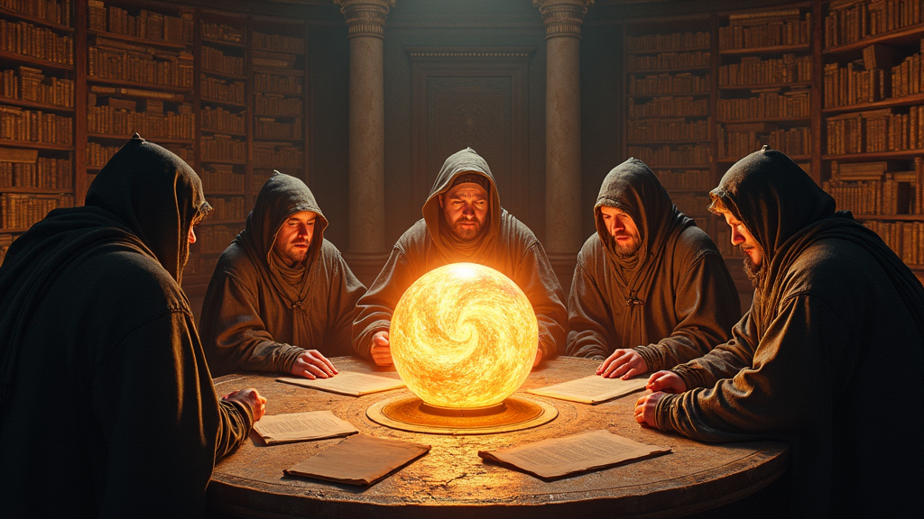 An ancient library filled with scrolls and arcane artifacts. Robed figures huddle around a glowing orb, their faces a mix of fear and determination. The orb shows swirling visions of the four horsemen converging from different corners of the globe.