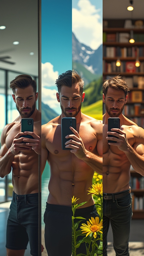 A meticulously detailed triptych: a man, same physique, different outfits, taking selfies and mirror shots—at a gleaming, modern gym, amidst a sun-drenched mountain meadow, a bustling Parisian cafe, and a quiet library; vibrant, contrasting colors, photorealistic style, emphasizing emotional contrast between locations. Super realistic looking
