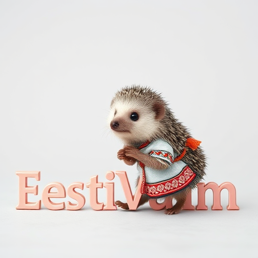 a tiny hedgehog in Estonian national clothes, pushes the letter "EestiVaim" without a background, the hedgehog is as big as the first letter of the letter
