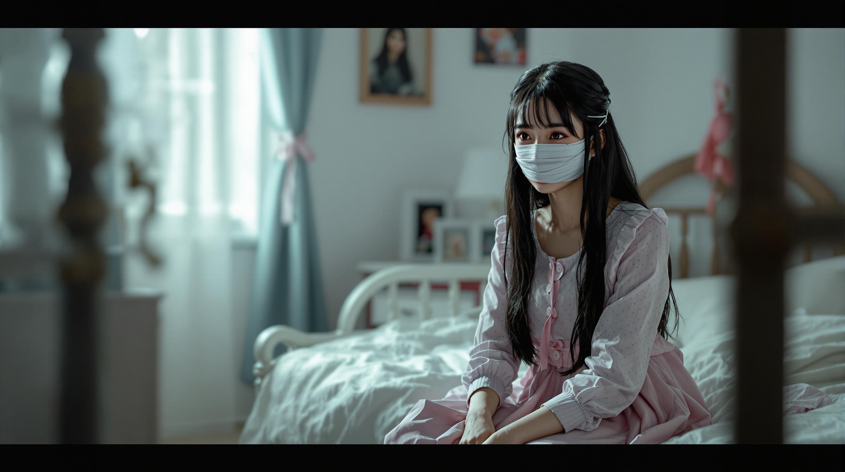 Highly detailed CG epic cinematic concept art creates a hyper realistic photograph: A young Indonesian girl, 15 years old, with long black hair and a long pink dress, named Anya, her eyes wrapped with bandages, is sitting on the edge of the bed in a neat girl-style room with white walls., Mix4_v10, Add_detail, FilmVelvia3, _0005_Test, IamMarkLee, Masterpiece, Best Quality, High Resolution:1.2, Very Detailed, Intricate Details, High Resolution, Medium Close-Up:1.2, Medium Shot:1.2, Face Focus:1.1, Soft Focus:1.2, Bokeh, F1.4, 40mm, Photorealistic, Raw, 8K, Skin Texture:1.1, Skin Pores:0.3, Realistic Skin:1.1, Very Sharp Image, Lora:Add_detail:1.2, Lora:FilmVelvia3:0.3, Zyd232sIndonesian_v16, 9527_detailRealisticSDXL_fp16_v255, Hinablue, 9527 Realistic Detail XL, Finest Shadows, Skin Detail, Skin Texture:0.5, Light from Above, Photography:1.0, Cinestyle:1.0, Balanced Photo, Balanced Lighting, subtle cinematic colors, created in Maya, Blender and Photoshop, octane rendering, great composition, cinematic atmosphere, dramatic lighting dynamics, anatomically correct, aesthetic.