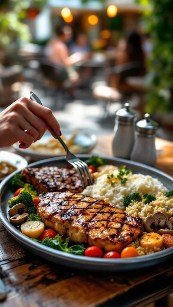 “A highly realistic outdoor restaurant scene during daytime, capturing a first-person dining experience with a female companion. The table features a metal tray with two steaks—one grilled chicken steak with perfect charred grill marks and a golden-brown glaze, and one beef steak with a slightly seared crust and juicy texture. Both are served with fluffy saffron-infused rice, grilled mushrooms, mashed potatoes, and fresh vegetables like cherry tomatoes and broccoli. A female companion’s hand is visible, holding a fork or reaching for food, but her face is not shown. The tray is placed on a detailed, textured table with realistic salt and pepper shakers. The background features a cozy, shaded patio with soft natural lighting, and a few blurred diners for depth but not overcrowded. The image should have a photo-like quality with sharp details, natural shadows, and warm inviting tones, closely resembling the Persian-style outdoor dining experience seen in the reference images.
