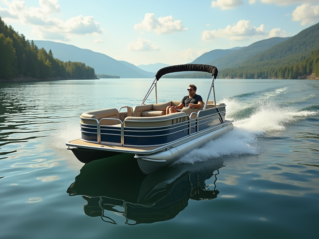 a-guy-driving-a-pontoon-boat-on-a-lake-8taegcco9s