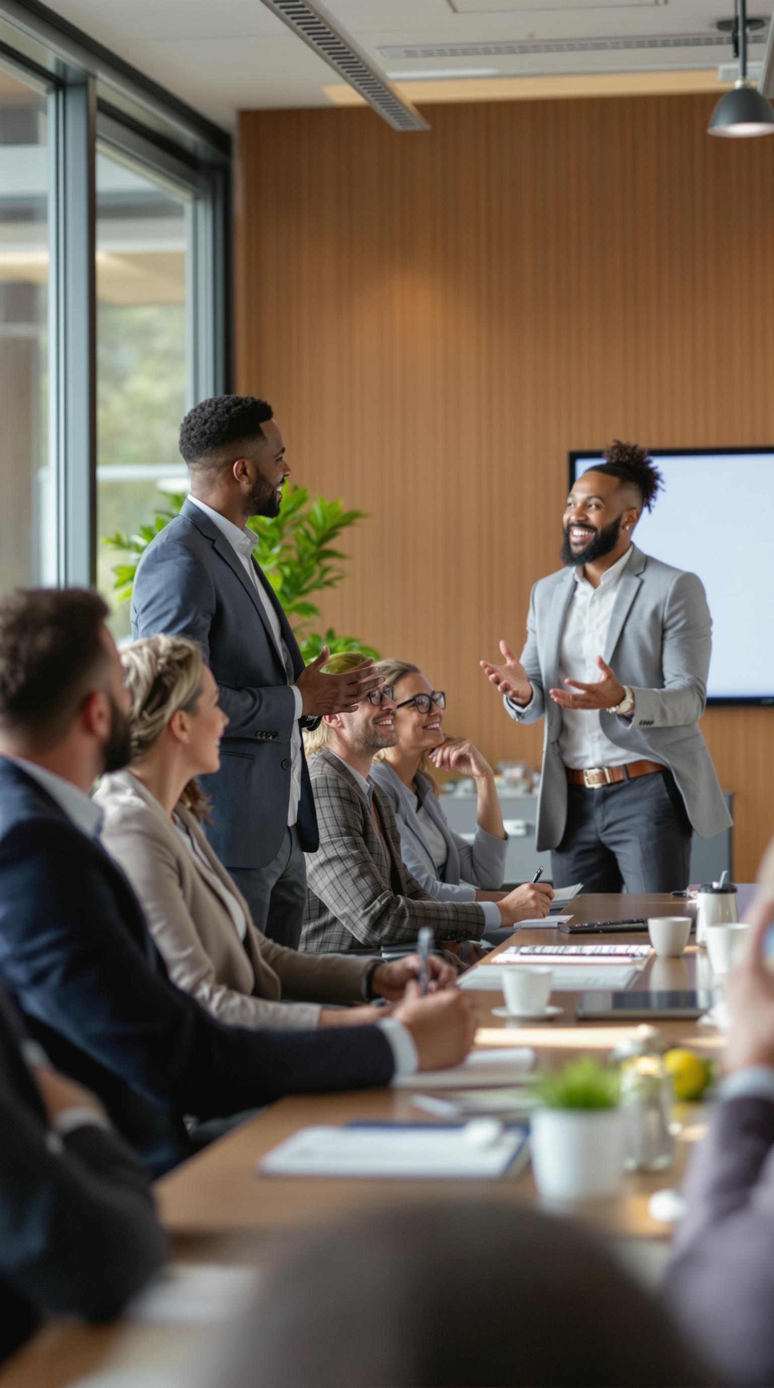 
A modern boardroom setting with a very small group of professionals engaged in a mental health certification training session. Diversity. The speaker, a confident facilitator, stands at the front, gesturing while explaining key points. The audience, consisting of men and women , is actively listening, smiling, and taking notes. The participants are dressed in  casual attire—some wearing sport coats, but no business suits or ties. The atmosphere is warm, professional, and welcoming, with natural lighting and a clean, modern office design. no people in the foreground.