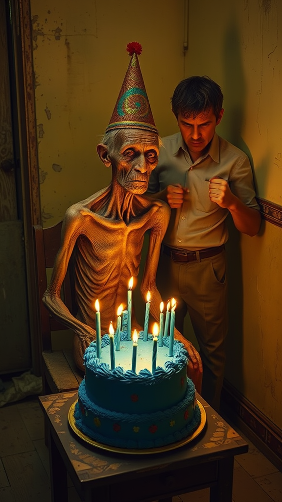 An extremely thin elderly man, with hunched shoulders and a frail, fragile appearance, sits on an old, worn-out chair in a dimly lit room, illuminated by the yellowish glow of candles on the table. His deeply wrinkled face, with thin, sagging skin and a weary expression, reflects a life filled with sorrow and hardship. He wears a crooked birthday hat, its festive look cruelly contrasting with his desolate expression. In front of him, on a small, worn table, rests a large, beautifully decorated blue birthday cake with lit candles casting flickering shadows on the walls. Beside him stands his son, glaring at him with an expression of anger, his fists clenched as if harboring deep resentment. The tension between them is palpable, adding a layer of unease to the scene. The surrounding environment is neglected, with signs of dirt, worn-out furniture, and peeling walls, reflecting abandonment and loneliness. The yellowish lighting creates a melancholic atmosphere, accentuating the shadows cast on the wall: the frail figure of the old man appears shrunken in his emptiness, while the tense presence of the son adds emotional weight to the scene.