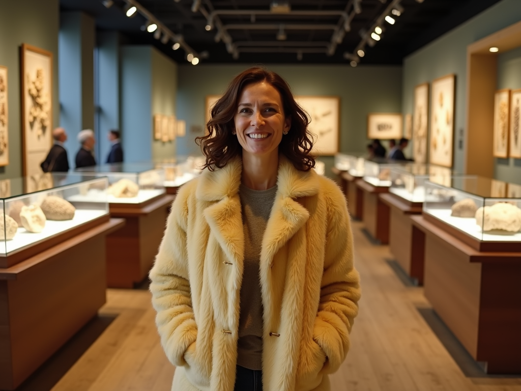 A spacious exhibition room in the Natural History Museum, London, features rows of sleek, horizontal glass-topped display cases supported by elegant table-like legs. The warm, inviting atmosphere is enhanced by soft, diffused lighting. In the foreground, a middle-aged American woman, clad in a fluffy yellow-white waist-length fur coat, approaches with a gentle smile. Her shoulder-length curly brown hair frames her kind face, radiating warmth and curiosity. The backdrop showcases intricate fossils and vibrant artifacts, creating a harmonious blend of history and modernity, inviting viewers to explore the wonders of nature.