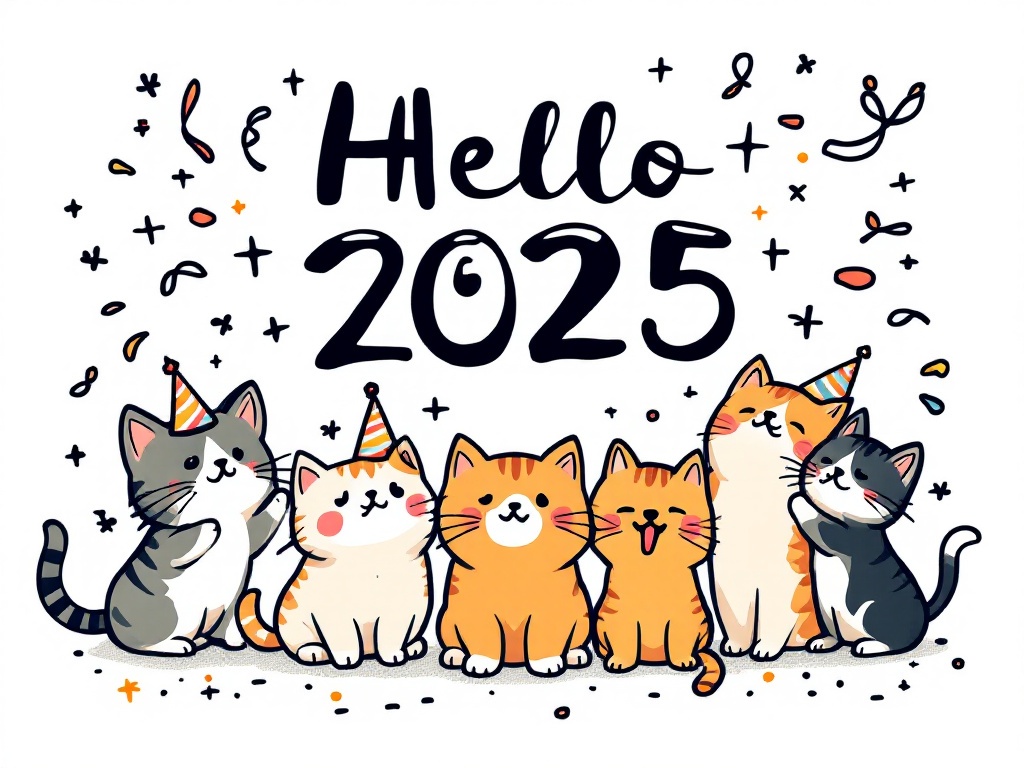 A crisp-lined, kawaii-style festive design with a text that says "Hello 2025". There's an adorable group of cartoon kittens celebrating with horns and streamers. The scene is set against a white background