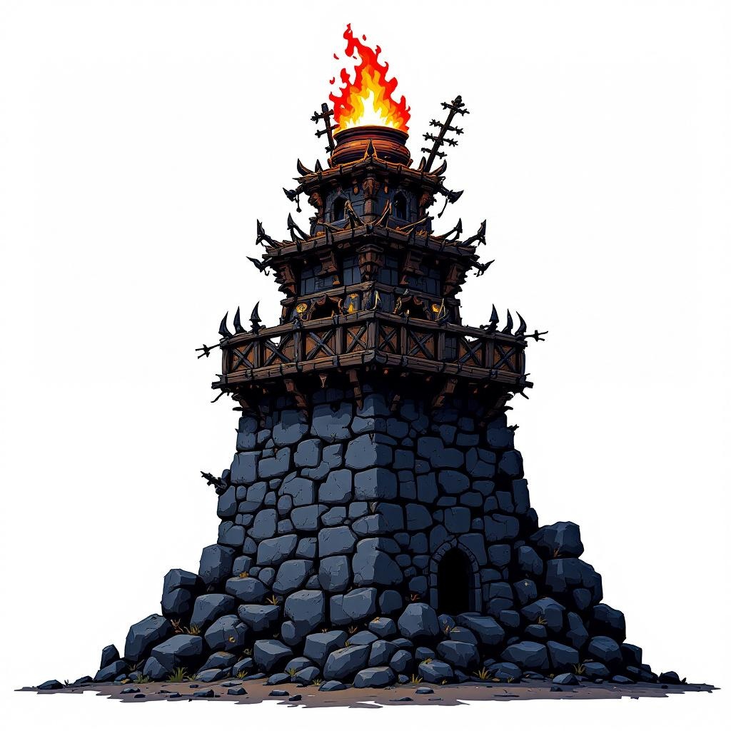 /imagine 
front-view pixel art orcish war tower, rugged dark-stone foundation, spiked timber reinforcements, flaming oil cauldron launcher on roof, bold saturated colors, chunky pixels, strictly head-on view (no diagonal), orthographic look, 256×256, transparent background, strong silhouette for RTS game

