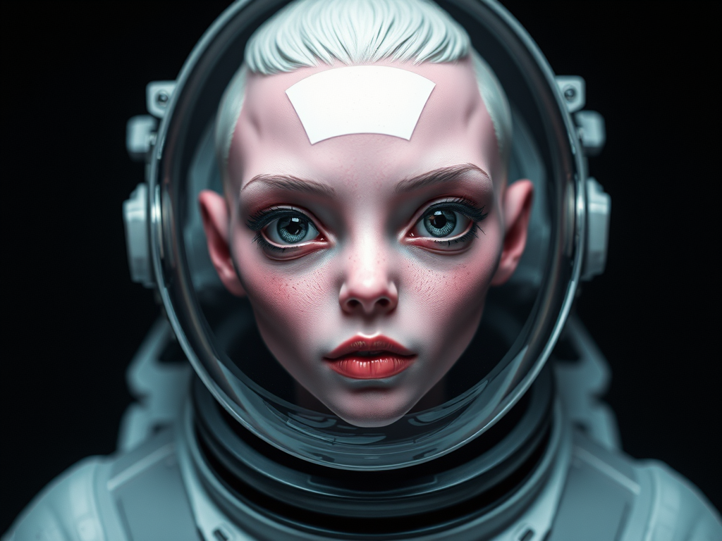 Alien female, pink skin, short hair with white hair on head, black and white eyes, wide flat flat nose, transparent protective mask on the whole face, astronaut suit