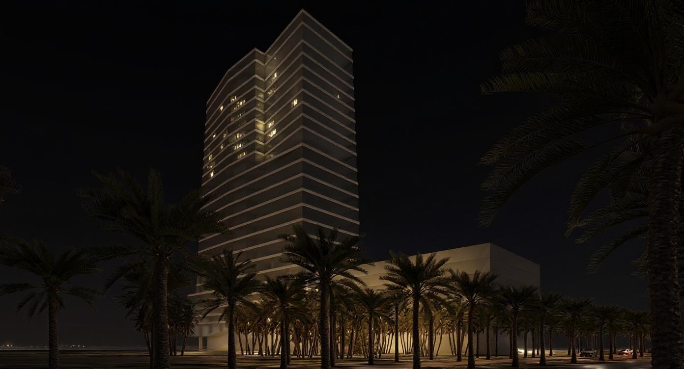make night time render, photorealistic, put lights inside building, and street lights
