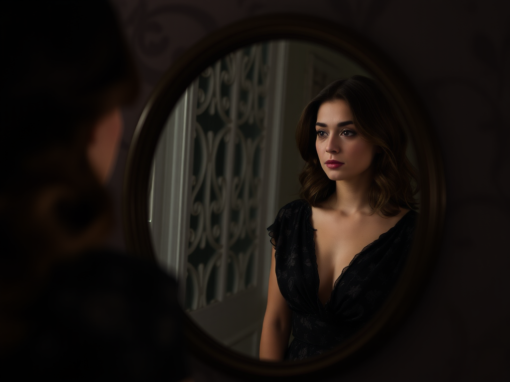 a woman looking at herself in a mirror
