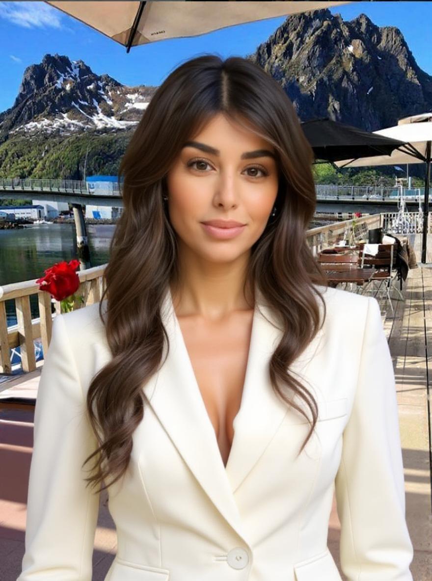 the woman wears a white suit dress