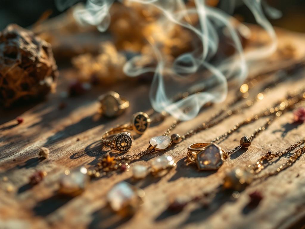 A close-up shot of handmade bohemian jewelry with raw crystals, moonstone rings, and layered necklaces featuring celestial symbols, placed on a rustic wooden surface with dried flowers and incense smoke curling in the background, mystical and earthy vibe, shot during golden hour light, shot with a Sony A7R IV, 85mm f/1.8 lens, warm tones with soft natural shadows

