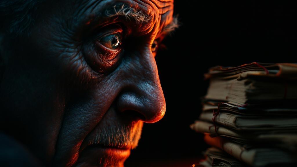 A cinematic close-up of an elderly man's face, left side etched with shock and doubt, illuminated by dramatic chiaroscuro lighting; right side juxtaposed with a stark white house icon and a meticulously detailed stack of aged documents, red seals gleaming; ultra-realistic skin texture, dark background, red accents punctuating the scene, conveying a sense of unsettling revelation.
