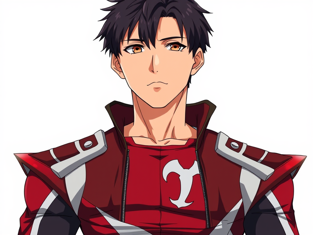 Kyo is tall, muscular and athletic, reflecting his leadership spirit and courage. He has short, dark hair, usually a little messy, and intense brown eyes that show determination. He usually dresses casually, with dark tones and a leather jacket that matches his somewhat rebellious style. Now he is wearing a power ranger outfit, in deep red color, with white shoulder pads, symbol of the constellation of Aries on the chest and without a helmet. White background Anime. CLAMP style