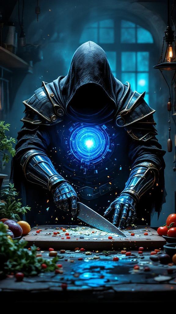 "Depict the hooded armored figure with a glowing blue vortex in his chest, standing in a dimly lit kitchen that looks half-medieval, half-cyberpunk. He’s chopping corrupted files like vegetables on a cutting board, with holographic icons and broken code fragments splattering like ingredients. His gauntlets glisten under eerie torchlight mixed with neon glow. The atmosphere is darkly comedic yet epic — the Reaper-chef of digital insults."