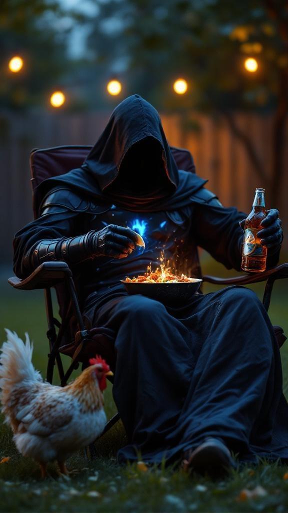 Create a hyper-realistic comedic scene of the dark hooded sorcerer in his black armored robes, glowing blue vortex energy faintly pulsing in his chest. He is now sitting casually in a cheap folding lawn chair in a backyard at dusk, completely relaxed and out of character. In one hand, he dips a taco into a glowing bowl of his mystical Spicy Meme Salsa, and in the other hand, he holds an open beer bottle, condensation dripping down the side. His hood is still up, but his posture is slouched like someone enjoying a summer BBQ. At his feet on the grass, the same chicken that helped in the kitchen is happily eating its own taco, crumbs scattered in the grass. The scene should feel both epic and absurd—a fallen warlock casually enjoying taco night with his feathery sidekick. Soft warm string lights or a glowing sunset in the background add a relaxed vibe, contrasting with his dark, ominous armor.