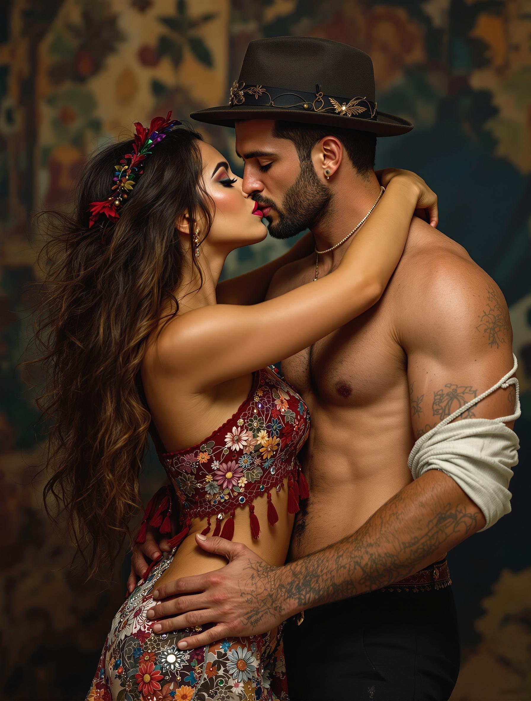 pro photography, completely elmontrita biglacta torsocore, shegoon bohemiagirl, color, prominent etamor vizaĝo, beautiful haŭto, dancing, kissing