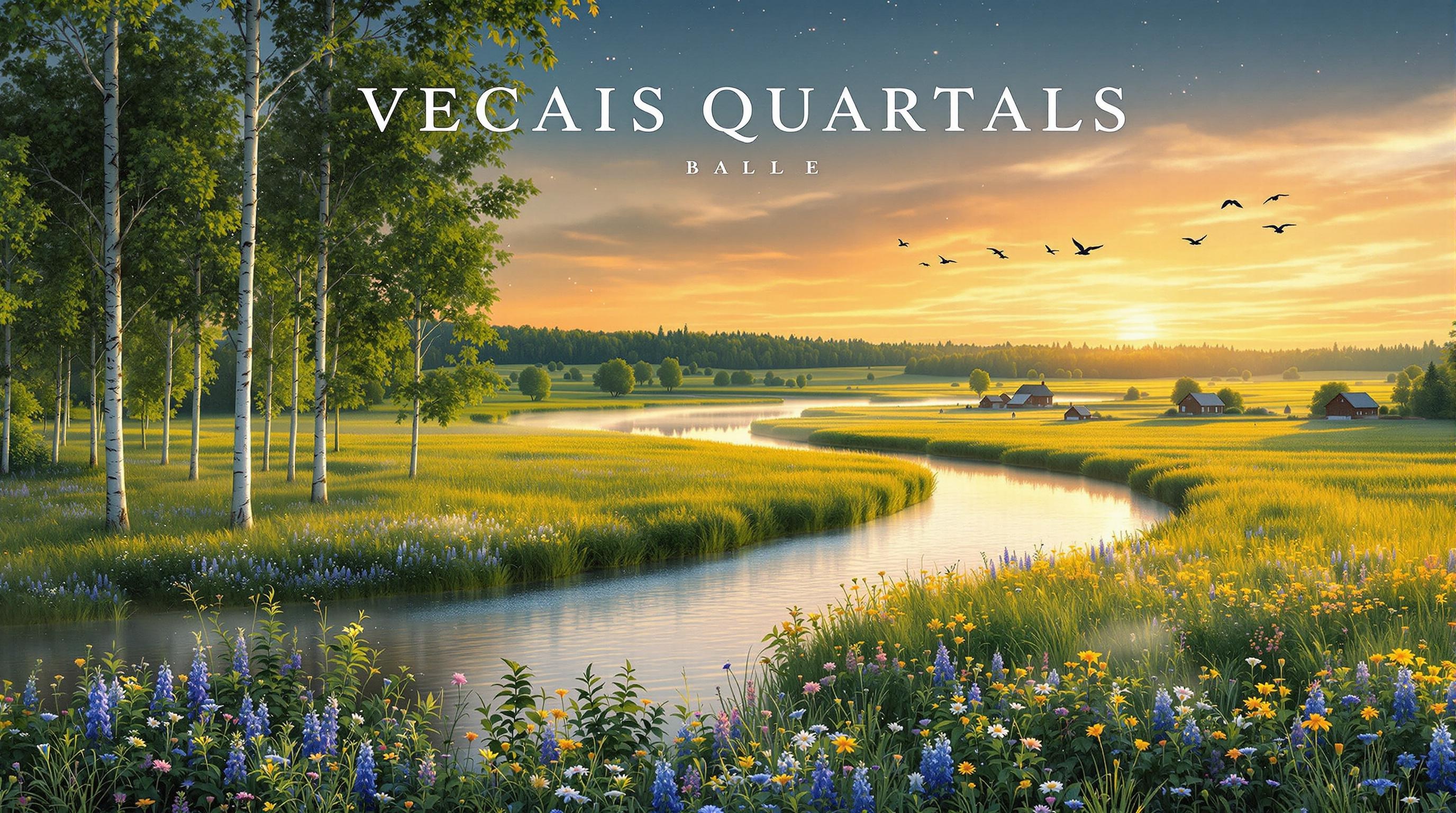 **Image Description for VECAIS QUARTALS – "BALLE" Album Cover (Latvian Nature)**  

A breathtaking depiction of Latvia’s natural beauty during midsummer, capturing the serene and uplifting spirit of the album. The cover showcases a lush Latvian meadow stretching toward a horizon of gentle, forested hills. The scene is painted in the warm, golden glow of a setting sun, with soft light streaming through scattered birch trees, their silvery-white trunks standing proudly against the greenery.  

In the foreground, a winding river reflects the vibrant colors of the sunset—orange, pink, and gold—its calm waters framed by clusters of blooming wildflowers native to Latvia, including blue cornflowers, daisies, and buttercups. Mist gently rolls along the riverbank, creating a mystical atmosphere as it blends into the twilight.  

The distant landscape features Latvia’s iconic rolling fields, dotted with traditional wooden farmhouses and haystacks, while a flock of storks flies gracefully across the sky. Above, the expansive sky shifts from golden hues to deep blue, with the first stars beginning to twinkle.  

The band’s name, **VECAIS QUARTALS**, is displayed at the top in bold, clean serif lettering, reminiscent of carved wood to evoke the region’s cultural traditions. The album title, **"BALLE,"** is positioned near the bottom, written in an elegant, flowing script, as if dancing along with the curves of the river. This design highlights the timeless charm and natural elegance of Latvia, perfectly complementing the joyous and heartfelt themes of the music.
