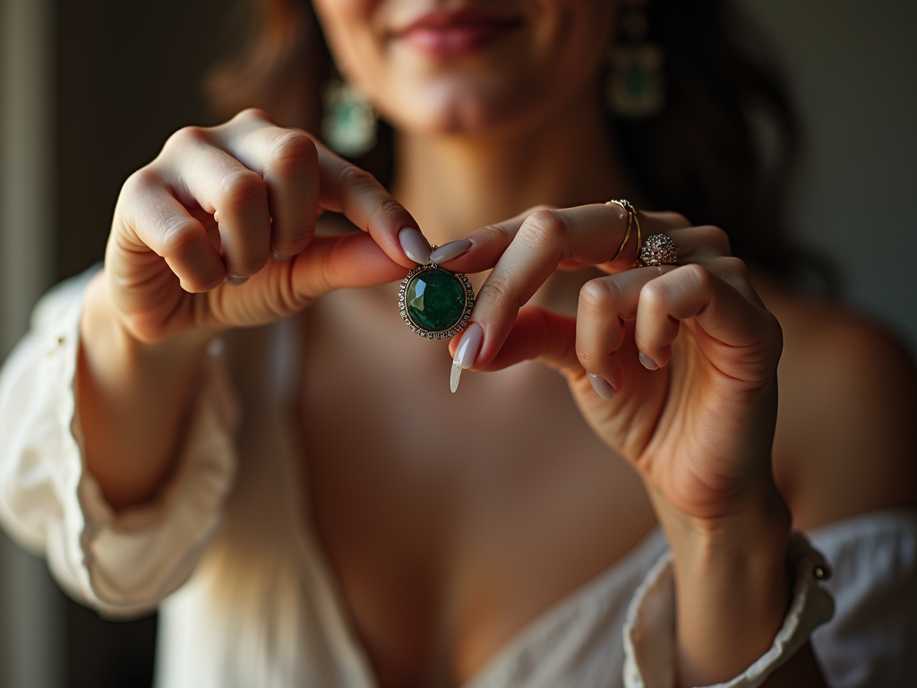 A beautiful pretty woman shows her agate bracelet to her friendd