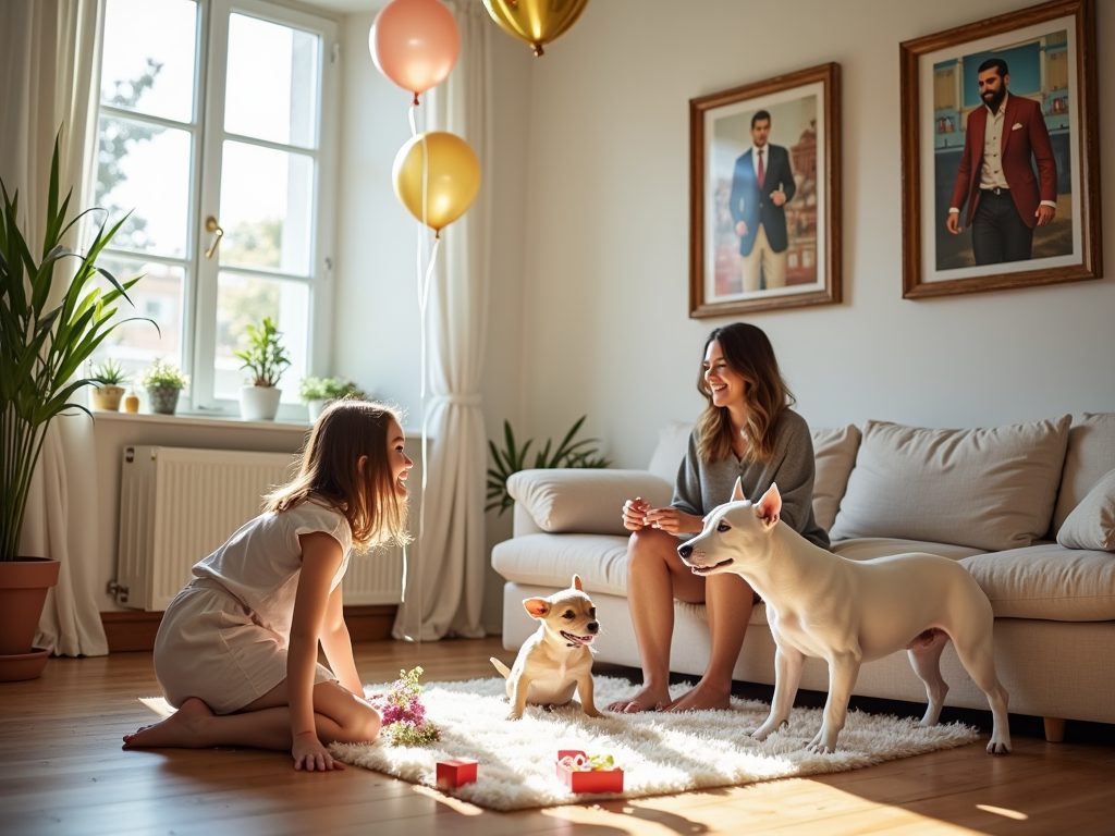 A beautiful bright room, with portraits of people and bullfighters hanging on the walls. A girl with a white bull terrier puppy is playing on the floor. On the sofa sits a young woman with an adult bull terrier. There are flowers and treats on the floor. Everyone is laughing, balloons are flying under the ceiling