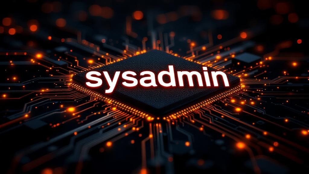Un logotipo de administrador de sistemas llamativo: "sysadmin" en negrita y sin serifa en blanco prístino, emite pulsos de energía digital en un fondo negro futurista, integrando un entorno de procesador activo con circuitos luminosos en tonos dorados y granate, flujos de datos dinámicos en neón cibernético azul y púrpura, y partículas holográficas brillantes que resaltan la tipografía sans-serif moderna, fusionando tecnología avanzada y una atmósfera vibrante de alta precisión.