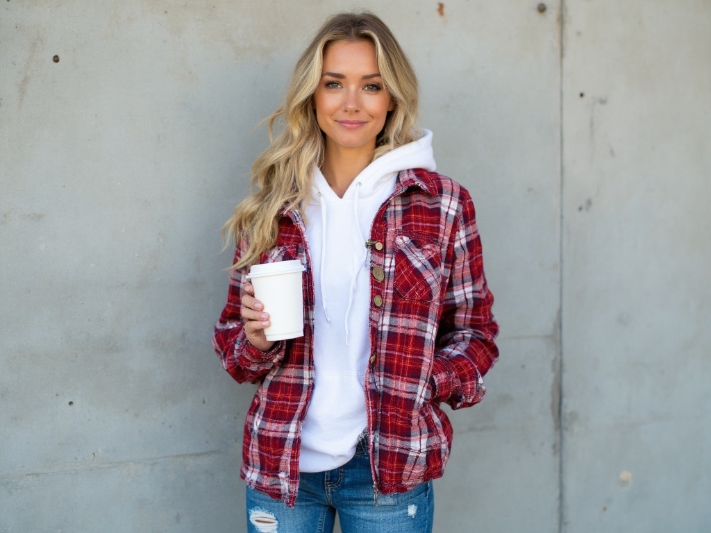 The image shows a young woman standing in front of a concrete wall. She is wearing a red and white plaid jacket with a white hoodie underneath. The jacket has a button-down front and two pockets on the front. The woman is also wearing ripped blue jeans and a white t-shirt underneath the jacket. She has blonde hair styled in loose waves and is holding a white coffee cup in her left hand. The overall look is casual and casual.