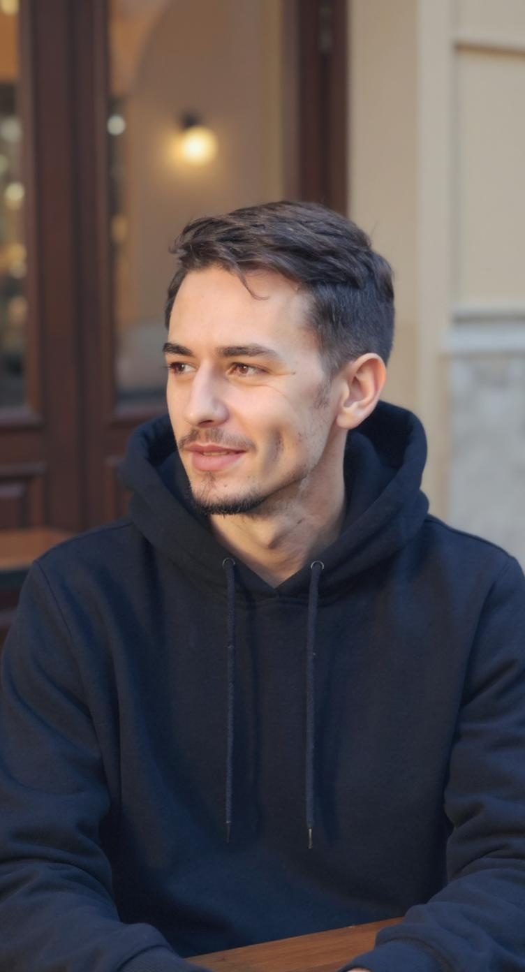 change the background. put the man sitting outside a bar in europe slight smile while talking, looking to the right. candid, relaxed, cool, iphone 16 camera