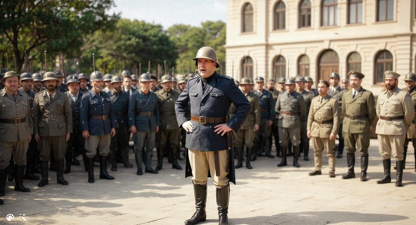 {
  "prompt": "A hyper-realistic, cinematic color photograph, captured with an Arri Alexa 65, depicting Gabriele D'Annunzio as the central figure, passionately addressing a large assembly of his legionary soldiers in Fiume, circa 1919. D'Annunzio stands on a slight elevation, wearing a distinctive tan riding helmet, a dark blue military tunic with light tan breeches, and tall black leather boots. His posture is commanding, with hands on his hips and a dynamic, passionate expression. A large, diverse crowd of soldiers surrounds him. Their uniforms are a mix of military styles and colors, including deep blue, grey, and khaki tunics, with many wearing fezzes and other unique headwear. A group of four officers in more formal, light-colored uniforms stands to his right. The background is the grand, light-colored Austro-Hungarian architecture of Fiume, featuring a large building with a series of prominent arched windows. Lush green trees and foliage frame the left side of the scene. The ground is a light-colored paved square. The lighting is natural, late-afternoon sunlight, creating soft, warm tones and defined shadows that enhance the three-dimensionality of the scene. The color palette is rich and historically accurate, with deep blues and greens contrasting with the lighter browns and tans of the uniforms and architecture, all rendered with the exceptional clarity, depth, and cinematic fidelity characteristic of an Arri Alexa 65. The overall composition conveys a powerful sense of historical gravitas and dramatic tension.",
  "negative_prompt": "monochrome, black and white, low quality, blurry, cartoonish, animated, sketch, drawing, simple, unrealistic, disfigured, poorly drawn faces, extra limbs, text, writing, watermarks, oversaturated colors",
  "style_raw": "cinematic, historical, photorealistic, Arri Alexa 65, highly detailed, dramatic lighting",
  "aspect_ratio": "21:9",
  "quality": "cinematic",
  "seed": 9876
 }