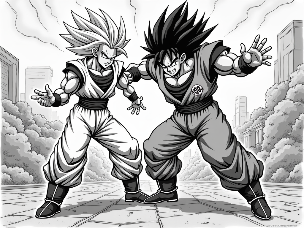 saitama and goku fusion, manga style, line drawing, 80s enviroment and city 