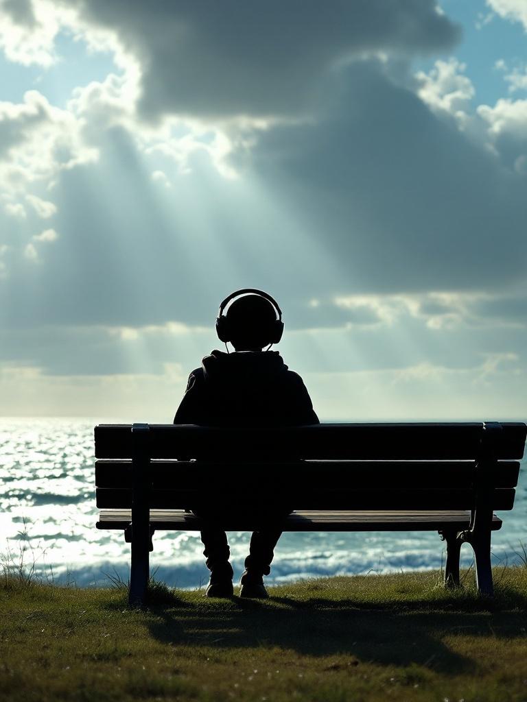 A black stick figure wearing headphones and a hoodie sits on a park bench and watches the ocean. The rays of sunshine subtly break through the clouds concealment
