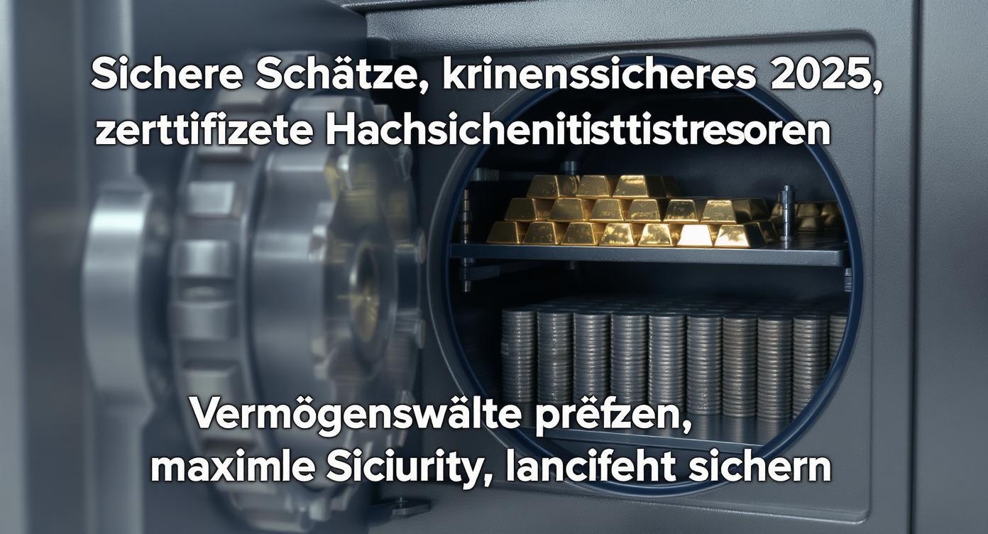 1200 x 630 Pixel landscape.

Overlay the following large, bold, perfectly readable white or gold Deutsch keywords and slogans only at the top and bottom image edges (never in the center):

Top edge: Sichere Schätze, krisensicheres 2025, zertifizierte Hochsicherheitstresoren
Bottom edge: Vermögenswerte schützen, maximale Sicherheit, langfristig sichern

Motif: Highly realistic, premium high-security vault, slightly open, with neatly stacked gold bars and silver coins in sharp focus. Deep blue and anthracite color scheme with gold accents. Soft lighting, background gently blurred. No people, logos, symbols, or extra details. Text overlays cover less than 20% of the total image area. No other elements except for the exact given text.