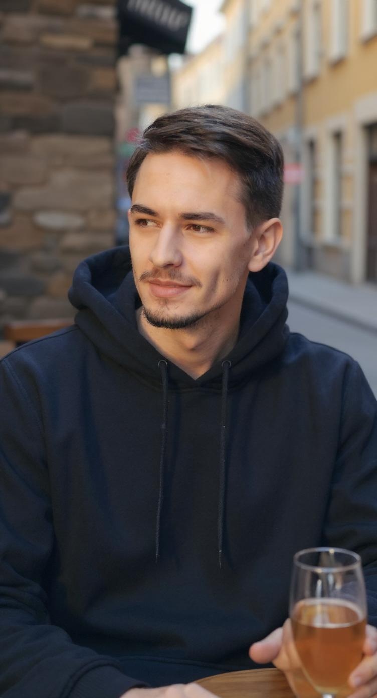 change the background. put the man sitting outside a bar in europe slight smile while talking, looking to the right. candid, relaxed, cool, iphone 16 camera
